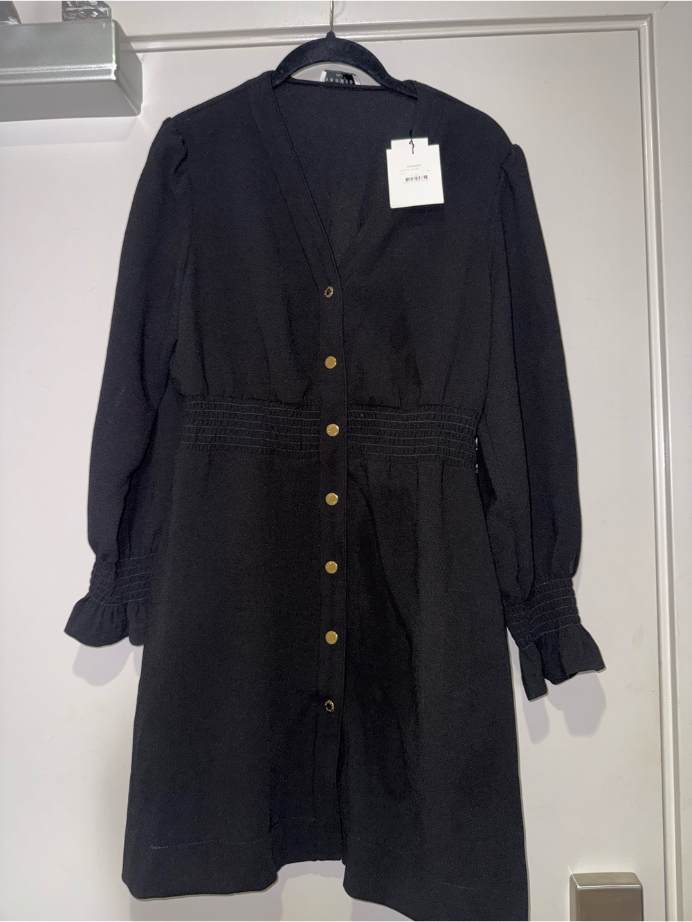 Sandro Black Button-Front Midi Dress with Gold Buttons